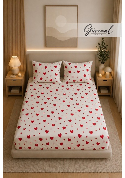 Güvenal Charm %100 Pamuk Desenli Yastık Kılıflı Lastikli Çarşaf Seti Yastık Kılıfı Lastikli Çarşaf Uyku Seti Çeyiz - Kalp Kırmızı