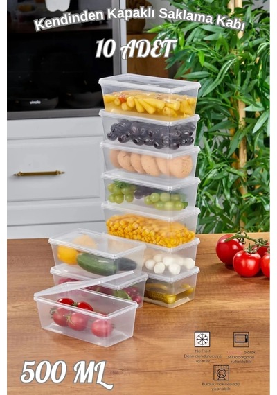 10 Adet Kendinden Kapaklı Derin Dondurucuya Uygun Saklama Kabı, Düzenleyici ,yemek,kahve,çay500ml Diğer
