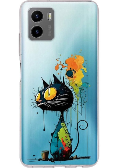 Vivo Y15s İle Uyumlu Splash Kedi Tasarımlı Şeffaf Silikon Kılıf Şeffaf