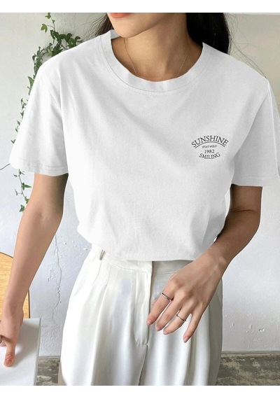 Startmore Kadın Beyaz Sunshine Baskılı Oversize Tişört Beyaz