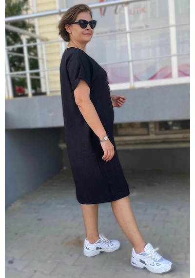 Mia Butik Büyük Beden Siyah Kolye Hediyeli Salaş Elbise Siyah