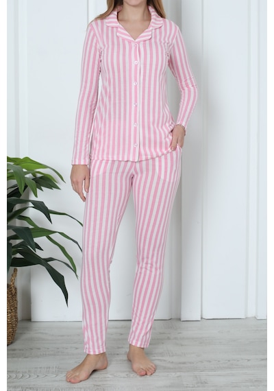 Nicoletta Kadın Pijama Uzun Kollu Düğmeli Pijama Takımı Cepli Pamuk Pembe