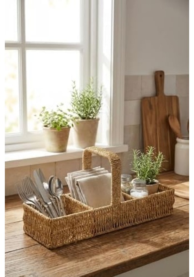 3 Bölmeli Hasır Sepet Organizer Saplı, Mutfak Banyo Ofis Çok Amaçlı Düzenleyici, Plastik Rattan Kaşıklık Sepeti, 40x13x17 Cm 000 Açık Krem