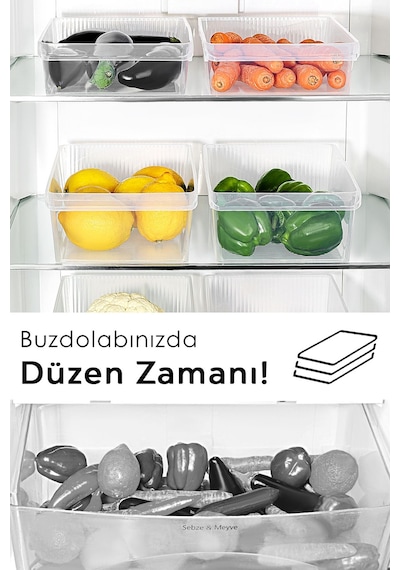 6'lı Buzdolabı Düzenleyici Set - Dolap İçi Organizer Sepet Meyve Sebze Saklama Kabı 2x 4-6-8 Lt Şeffaf