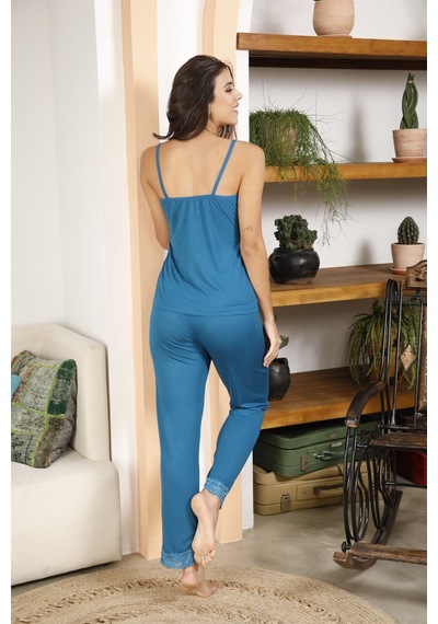 Myben Kadın Petrol Ip Askılı Dantelli Pijama Takımı Petrol