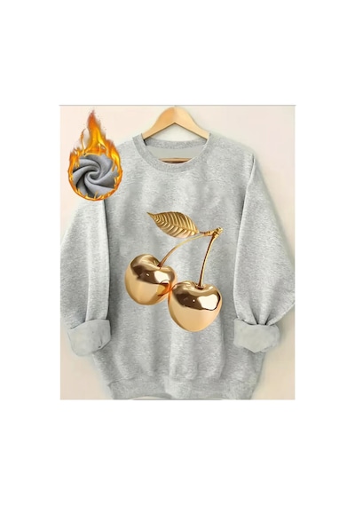 Herkesemoda Gold Kiraz Baskı Detaylı Bisiklet Yaka Sweatshirt Gri