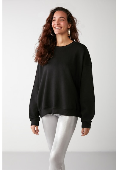 Grimelange Vaneltına İçi Polarlı 3 İplik Organik Pamuk Oversize Basic Bisiklet Yaka Kadın Sweatshirt - Siyah