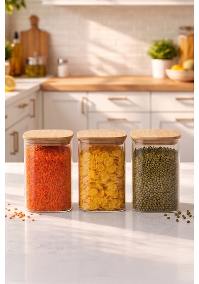 Porsima 6-3 Bambu Vakumlu Kapaklı Kare Borsilikat Cam 3lü Kavanoz Seti Saklama Kabı 1250ml 9,5x15cm Ahşap - Şeffaf