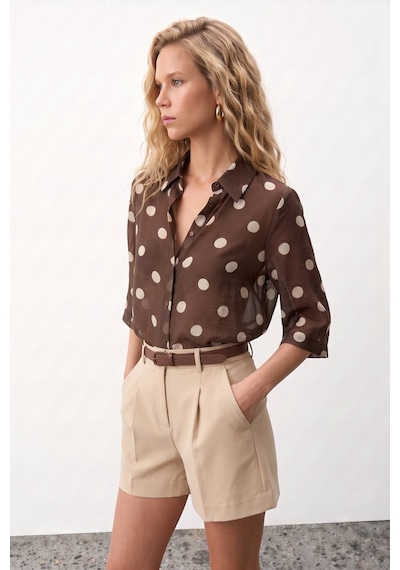 Sateen Puantiye Desenli Gömlek - Kahve-137748