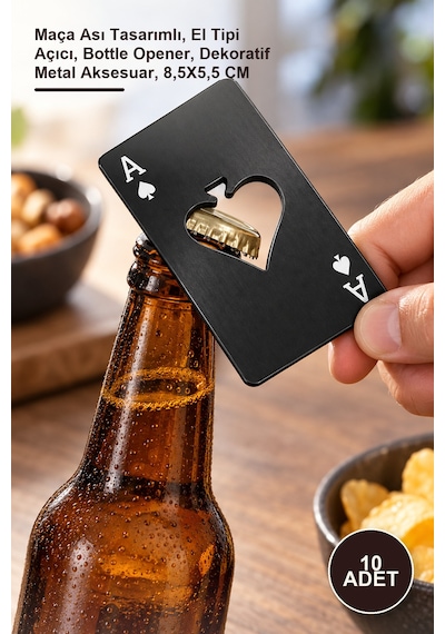 10 Adet Metal Şişe Açacağı Maça Ası Tasarımlı, El Tipi Açıcı, Bottle Opener, Dekoratif Metal Aksesuar, 8,5x5,5 Cm Diğer