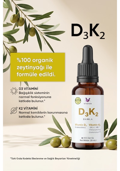 D3k2 Damla - 20 Ml - 400 Damla - 1000 Iu D3 & 20 Mcg K2 - %100 Organik Zeytinyağı Bazlı