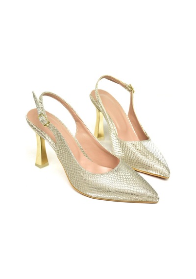 Fox Shoes U676089207 Altın Yılan Baskı İnce Topuklu Kadın Ayakkabı Altın
