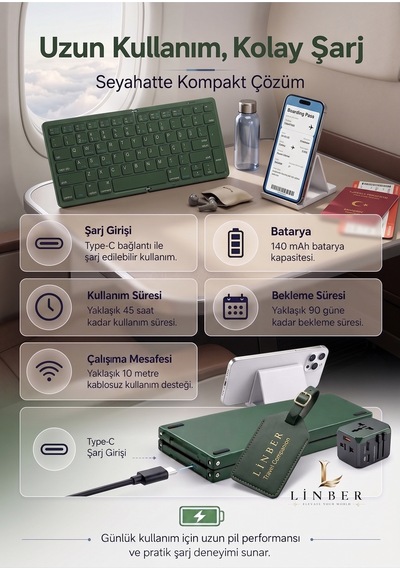Yeşil Katlanabilir Bluetooth Şarjlı Kablosuz Klavye Tablet Telefon Ve Laptop Uyumlu. Yeşil