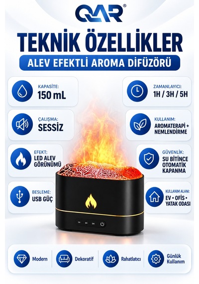 200 Ml Alev Efektli Hava Nemlendirici 7 Renk Rgb Led Işıklı Ultrasonik Aroma Difüzörü