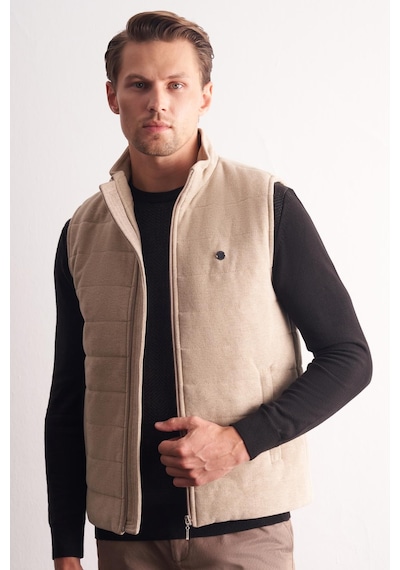 İmza Bej Dik Yaka Fermuarlı Casual Slim Fit Kapitone Yelek 1009255103 Koyu Bej