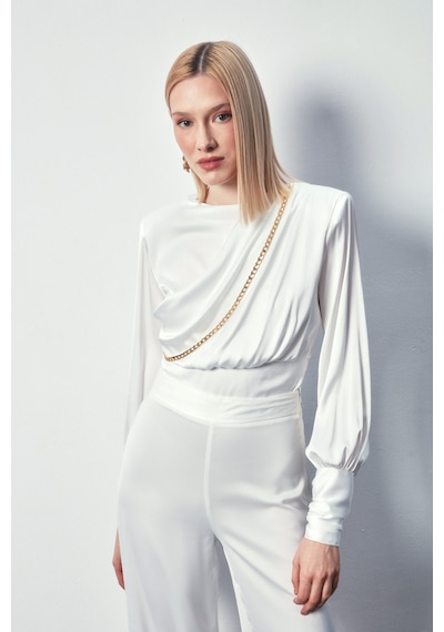 Sateen Ön Zincirli Saten Bluz - Ekru