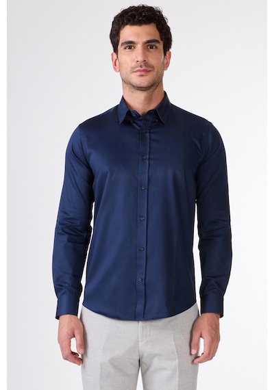 Dufy Lacivert Erkek Slim Fit Düz Düğmeli Yaka Uzun Kol Gömlek - 101514 Lacivert