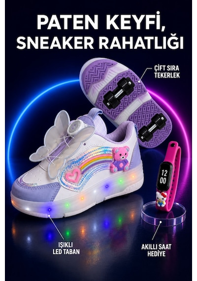 Muggo Colourful Çocuk Işıklı Patenli Tekerlekli Sneaker Spor Ayakkabı Lila