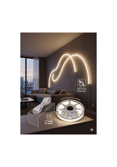 25 Metre Neon Led Şerit 220v - Beyaz Işık, Çok Parlak, Kesilebilir, 2 Fişli Tak Çalıştır Set,mutfak Vetezgah Altı Led