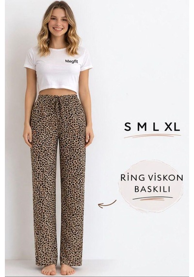 Viskon Pamuklu Kadın Leopar Desenli Pijama Pantolon - Mg005 - Mudanis Leopar Deseni