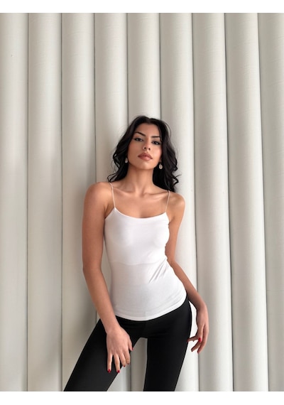 Beta Moda Hub Kadın İp Askılı Uzun Crop - Beyaz Renkli