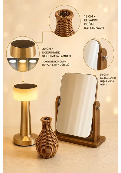 Doğum Günü, Özel Gün, Yeni İş, Sevgiliye Hediye, Yeni Ev Hediyesi Masa Lambası, Ayna Ve Rattan Vazo Premium Set
