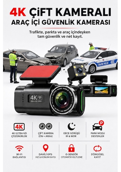 4k Ultra Hd Araç Kamerası Çift Lens Ön Arka Wi-fi Gps Park Modu Gece Görüşlü G-sensörlü Araç İçi Güvenlik Kamerası