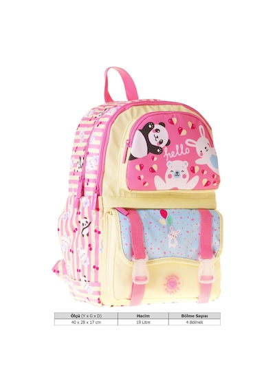 Kaukko Kids Dört Bölmeli Kız Çocuk Hello Baskılı Sarı - Pembe Okul Sırt Çantası - L5308 Çok Renkli