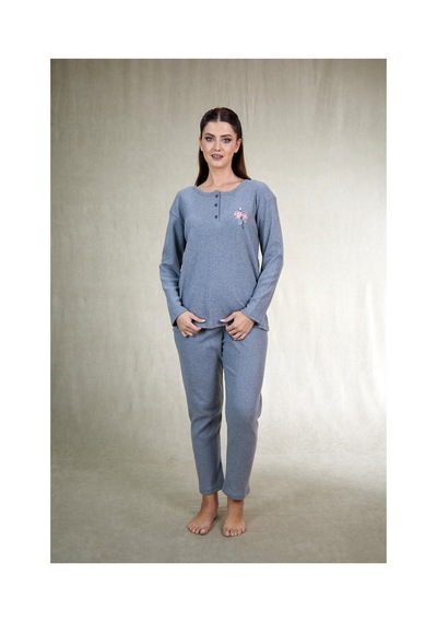 Estiva Kadın Nakış İşlemeli Patlı İnterlok Şardonlu Pijama Takımı Gri