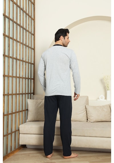 Enisena Erkek %100 Pamuklu Pijama Takımı-robalı Ve 3 Düğmeli-12489 Gri