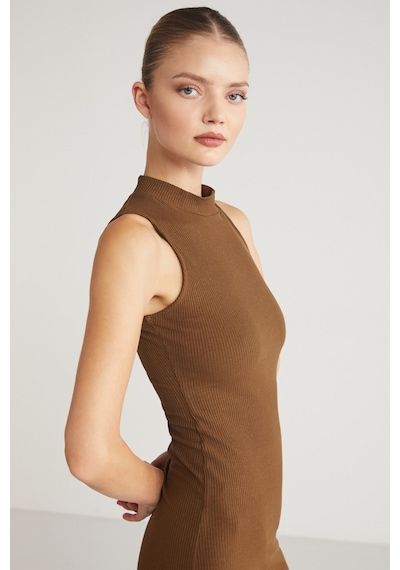 Grımelange Pannı Kadın Bisiklet Yaka Kolsuz Slim Fit Midi Kahverengi Elbise