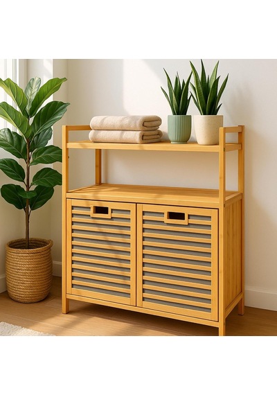 Bambu 2 Kapaklı 240 Lt Çamaşır Dolabı Çamaşır Sepeti Banyo Düzenleyici 90x82,5x33 Cm Açık Raflı Çok Amaçlı Depolama Çok Renkli