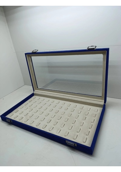 Yeni Cam Kapaklı Süet Lacivert Kumaş 45 Cm / 25 Cm Tırnaklı Yüzük Tablası