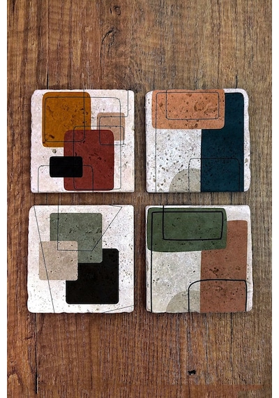 Taş Bardak Altlığı Pastel Renkler Baskılı 4'lü Set - Stone Coasters Çok Renkli