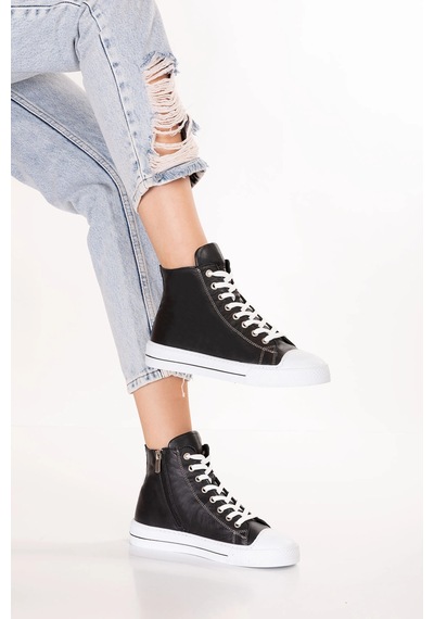 Gondol Kadın Hakiki Deri Günlük Yüksek Bilek Sneaker Flf.671 Siyah
