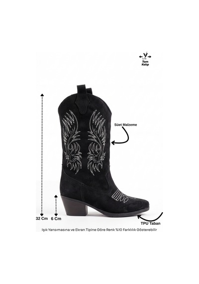 V.s.h Velvet Sara Kadın Western Basklılı Siyah Kovboy Çizme -2554