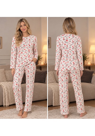 Lindros Kırmızı Kalp Ve Love Yazılı Fitilli Kaşkorse Pijama Takımı Ev Giyimi Bej - Ekru Lindros Kırmızı Kalp Ve Love Yazılı Fitilli Kaşkorse Pijama Takımı Ev Giyimi Bej - Ekru