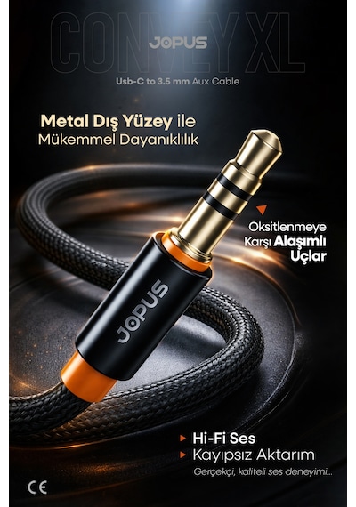 Jopus İphone Android Uyumlu - Type-c To 3.5mm Aux Ses Kablosu - Tak Çalıştır Aux Örgülü - 2 Metre Ja-12