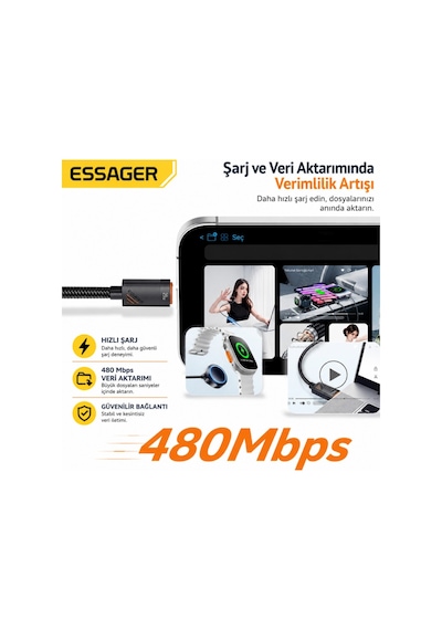Essager Pd29w 3a Type-c To Lightning Spiral Hızlı Şarj Ve Data Kablosu L Örgülü Esnek Araç İçi Apple iPhone Uyumlu Şarj Kablosu