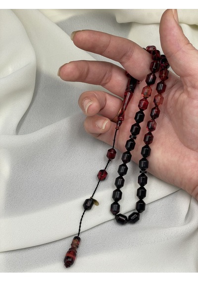 Ayhan Turan İmzalı El Boy Kapsül Kırmızı-siyah Sıkma Kehribar Tesbih 7x10 Mm
