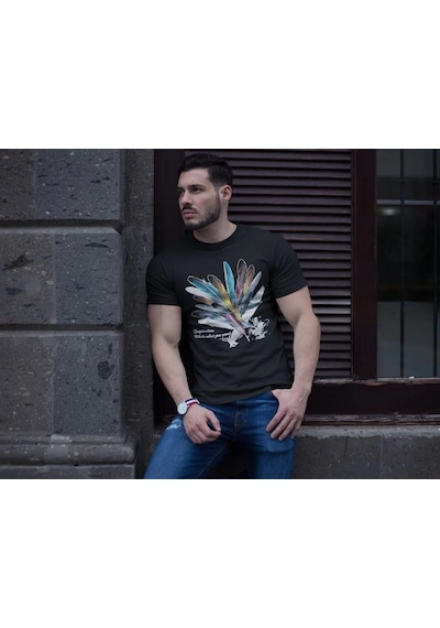 Moda Assema Erkek Bisiklet Yaka Baskılı Kısa Kol T-shirt - Siyah Çok Renkli