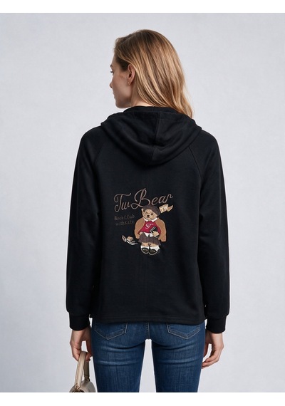 On Kadın Kapüşonlu Tam Fermuarlı Reglan Kol Cepli Sweatshirt Siyah