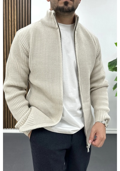 Edwox Erkek Slim Fit Fermuarlı Hırka Vizon Edw434 Vizon