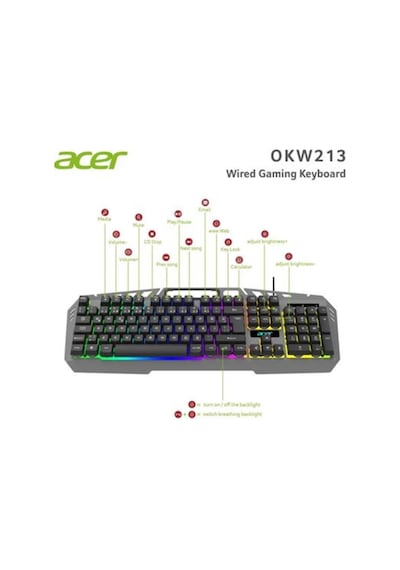 Acer Okw213 Gri Rgb Rainbow Backlit Gaming Keyboard Rainbow Kablo Uzunluğu 1,5mt