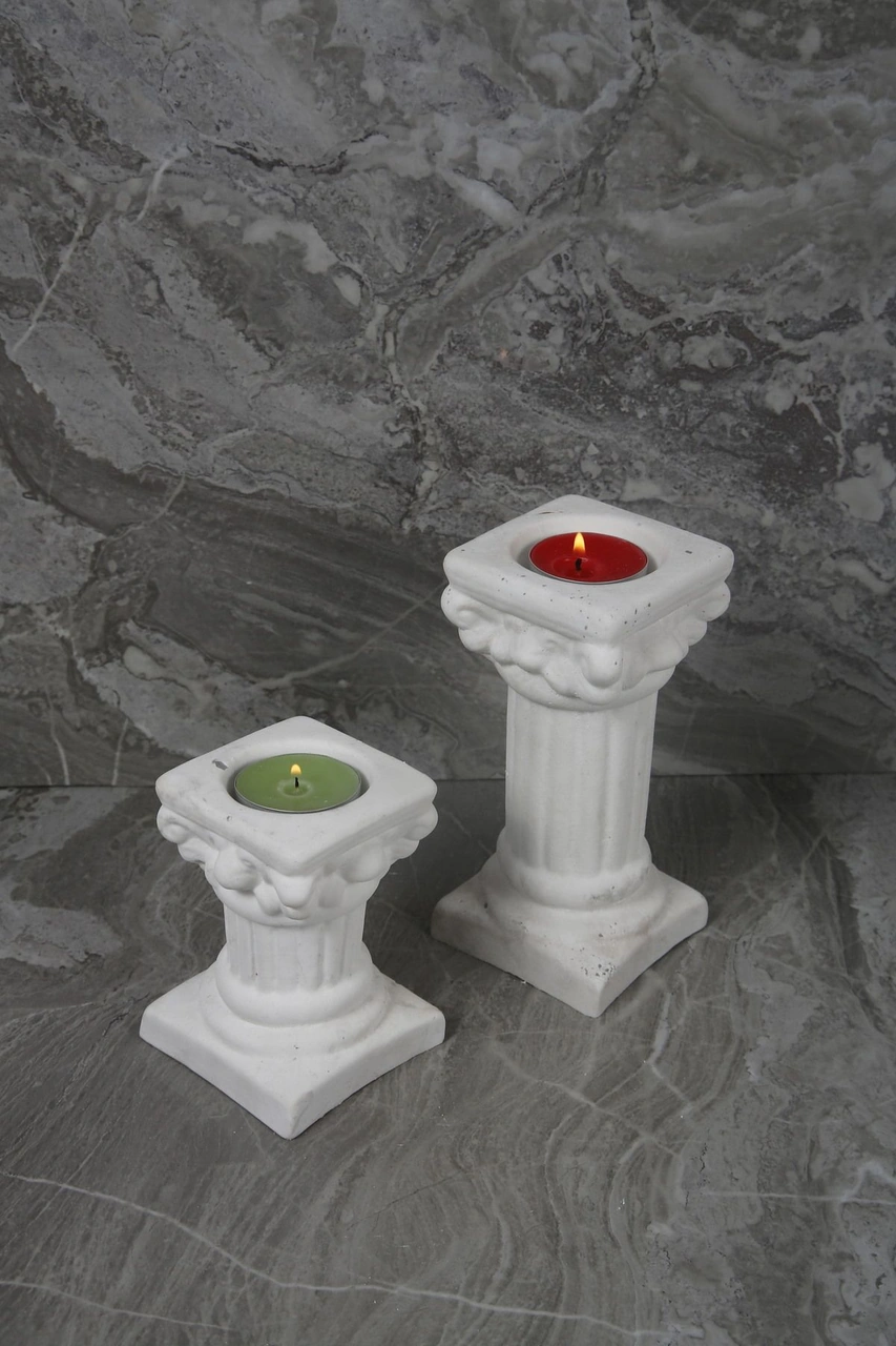 Dekoratif Antik Roma Sütun Şeklinde Beton Tealight Mumluk Set 2 Parça Beyaz