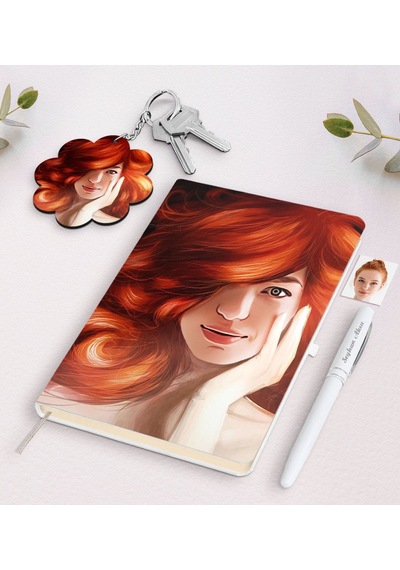 Kişiye Özel Kadın Soyut Karikatürlü Beyaz Defter Kalem Ve Anahtarlık Hediye Seti-8