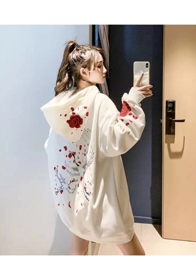 Tarzsokak Özel Tasarım Kapüşonlu Fermuarlı Red Rose Baskılı Süper Oversize Kadın Ceket-sweats Beyaz Beyaz