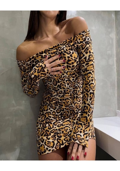 Nnstartshopping Kadın Madonna Mendil Yaka Leopar Desen Mini Elbise Leopar