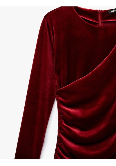 Koton Uzun Kollu Bisiklet Yaka Drape Detaylı Mini Kadife Elbise Bordo 6wak80318ek Bordo