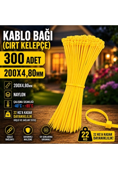 200x4,80mm Kablo Bağı Cırt Kelepçe Sarı 300 Adet